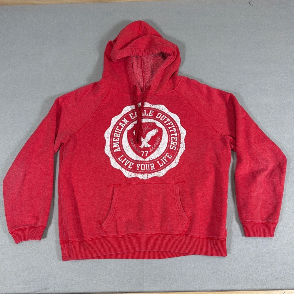 American Eagle Mens XL Red Graphic Hoodie Live Your Life NYC 77 Raglan
